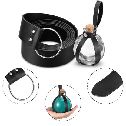 Boao Mardi Gras Potion Bottles with Cork Set Dark Magic Cork Round Potion Bottle with Leather Belt Clear Glass Large for Halloween Costume Props DIY Crafts Decorative, 200 ml(Black)