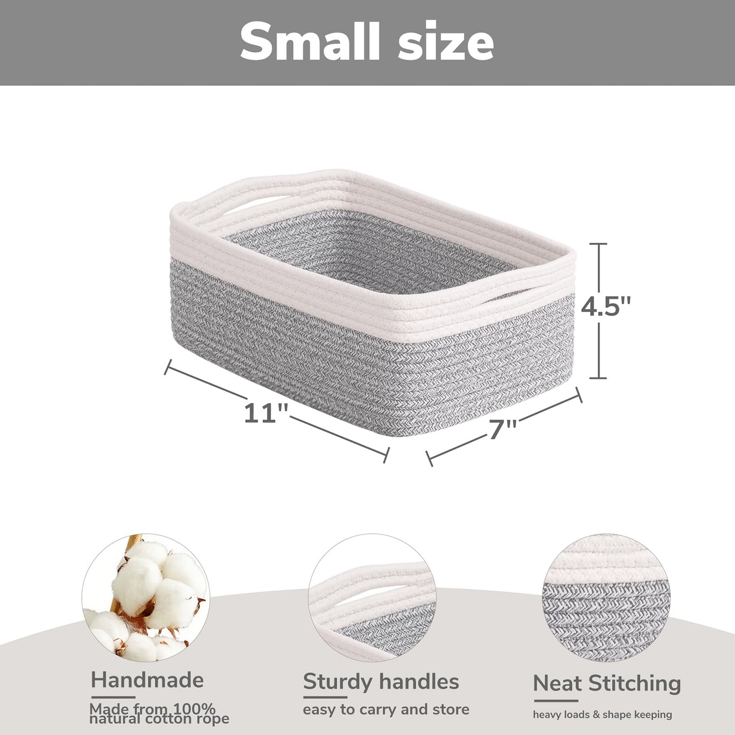 Goodpick Storage Bins, Baskets for Shelves, Cotton Rope Basket for Organization, Closet Organizer Bins, Towel Baskets for Bathroom 3 Pack, White & Light Gray, 11 x 7 x 4.5 in