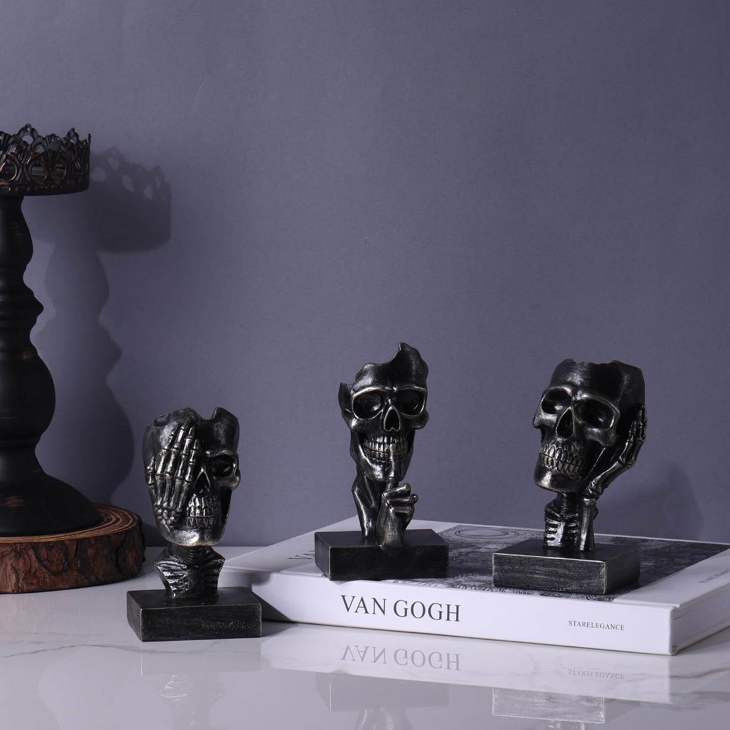 Don't Look, Don't Hear, Don't Speak Skeleton 3-Piece Set Statues Halloween Skeleton Decorative Statues Gothic Style Suitable for Living Room Coffee Tables, Offices, TV Cabinets, Bookshelf Decor