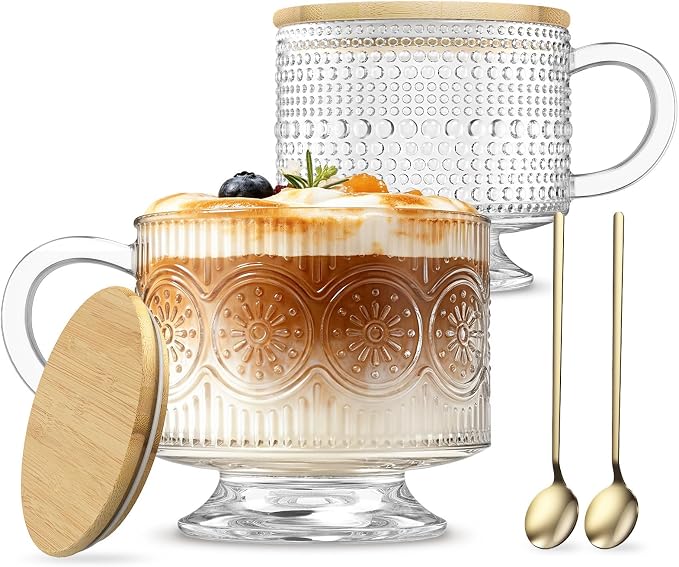 INSETLAN Vintage Glass Coffee Mugs 14 oz Set of 2, Embossed Overnight Oats Containers with Bamboo Lids and Spoons, Glass Coffee Cups for Tea, Cappuccino, Latte, Cereal and Yogurt, Gifts for Women