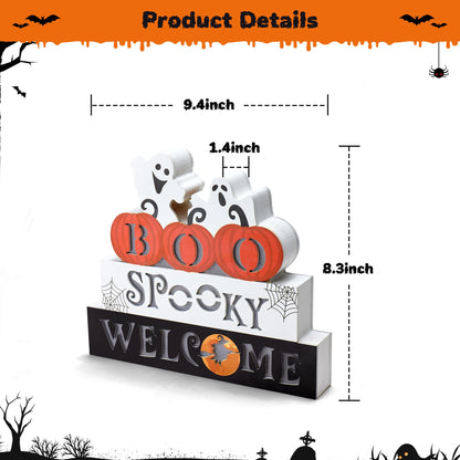 WBao Halloween Decorations Indoor 9.4inch Premium Wooden Block Set with Glowing 3D Letters, Timer, Battery Powered Rustic Farmhouse Centerpiece for Home, Table, Mantel, Shelf Halloween Party Decor