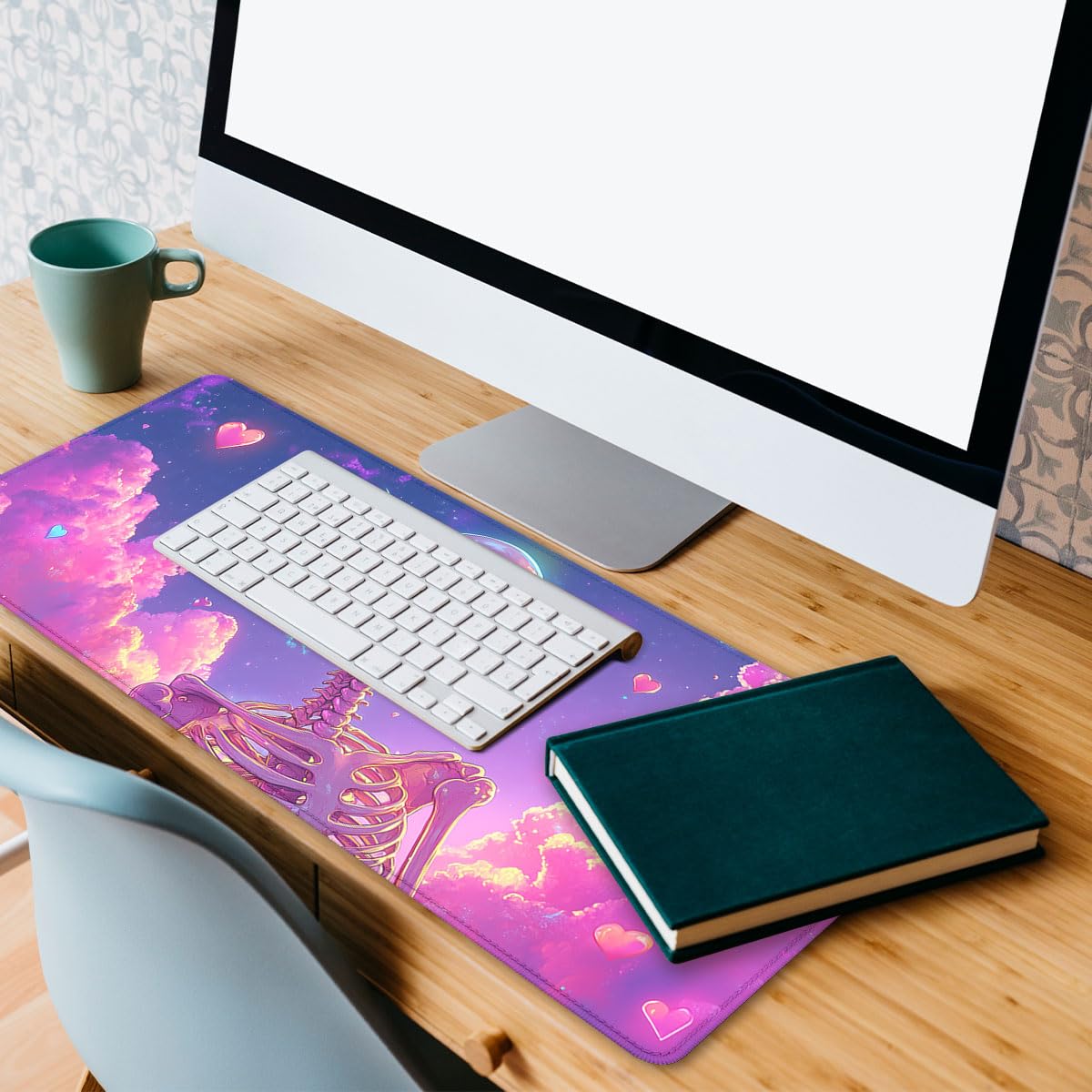 Cute Cartoon Skeleton Gaming Mouse Pad Pink and Purple Cloud Extended Mousepad Waterproof Stitched Edges Rubber Base Non-Slip Deskpad Computer Keyboard Mat 31.5"x11.8"