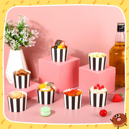 Romooa 300 Pcs Cupcake Liners Baking Paper Cup Muffin Liners Stripes Cupcake Wrappers 2.3 Inch Muffin Baking Cups for Carnival Halloween Birthday Party Supplies(Black and White)