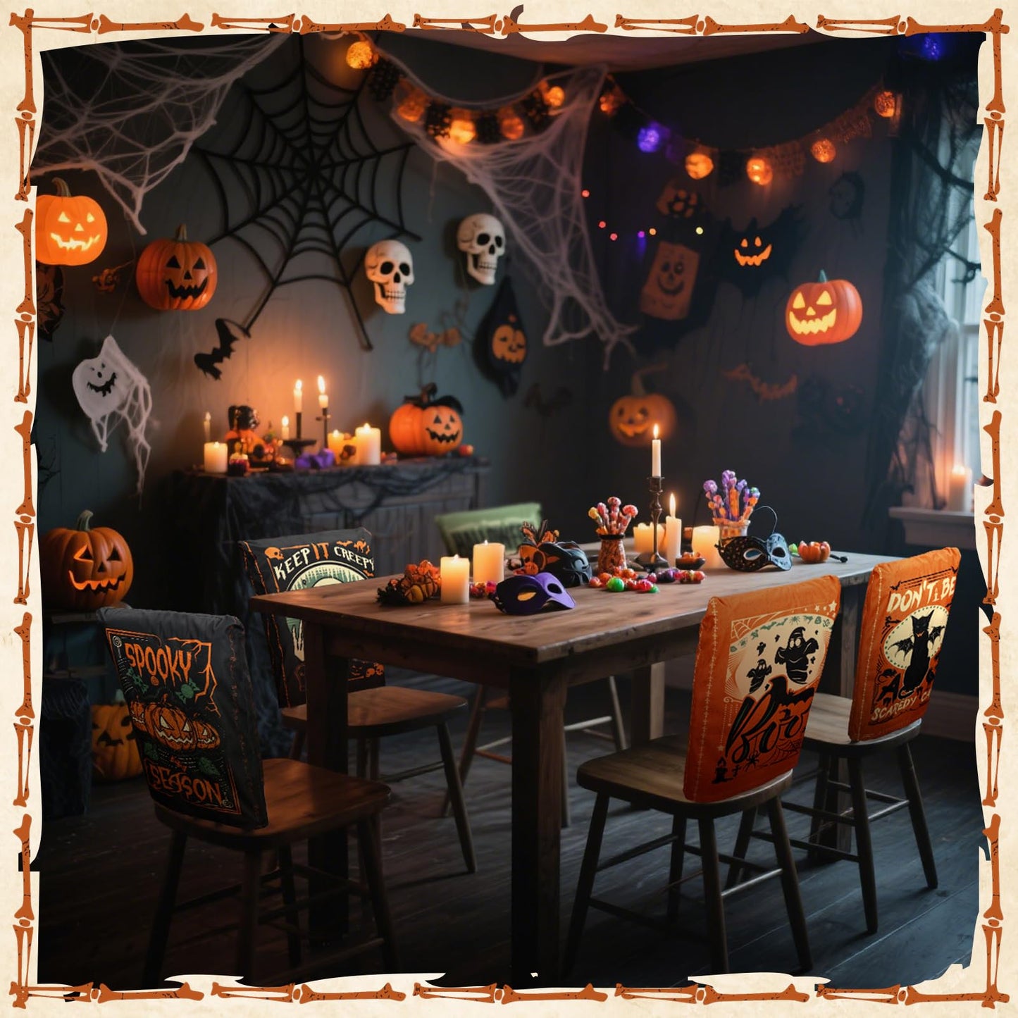Moukeren 6 Pcs Halloween Chair Cover Set Gothic Halloween Decor Stretch Dining Chair Back Covers Witch Skeleton Pumpkin Black Cat Bat Seat Covers Farmhouse Dining Seat Protector for Home Kitchen Decor