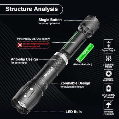 RECHOO 4Pack LED Flashlight, Bright Small Flashlights High Lumens with 3 Modes, Pocket Mini Flashlight Battery Powered, Flash Light Adjustable Focus, Waterproof Flashlights for Home Emergency Camping