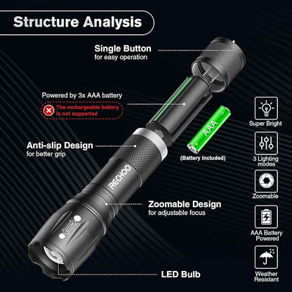 RECHOO 6-Pack LED Flashlight, Bright Small Flashlights High Lumens, 3 Modes, Battery-Powered Pocket Mini Flashlights, Flash Light Adjustable Focus, Waterproof Flashlights for Home Emergency Camping