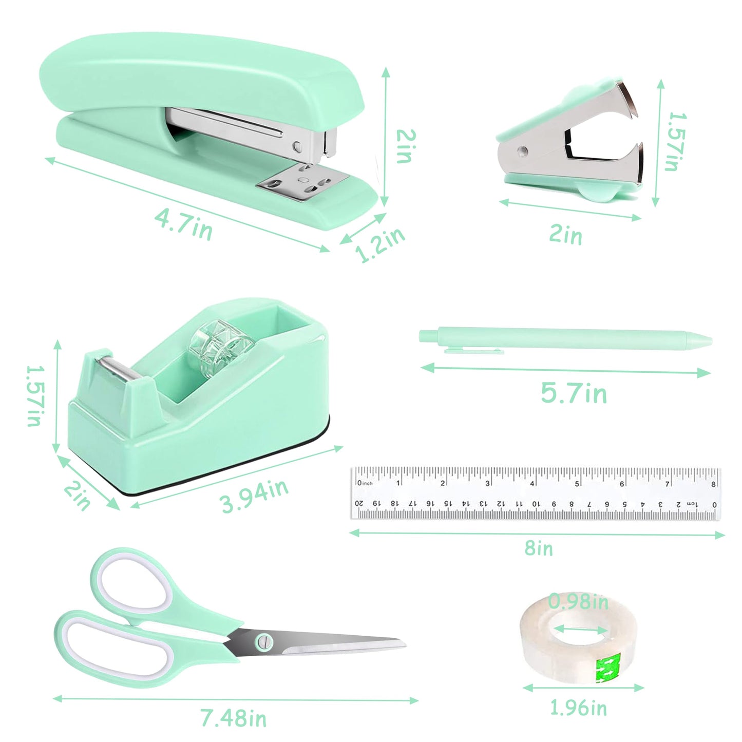 Dimonluce Green Office Supplies, Teal Desk Accessories Accessories with Tape Dispenser, Stapler, Staple Remover, 1000 Staples, Tape, Clips Set, Ruler, Scissor, Pen