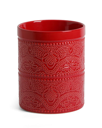 FUN ELEMENTS Kitchen Utensil Holder, 7.2" Super Large Utensil Crock Heavy and Stable Lace Emboss Ceramic Utensil Holder for Kitchen Counter (Christmas Red)