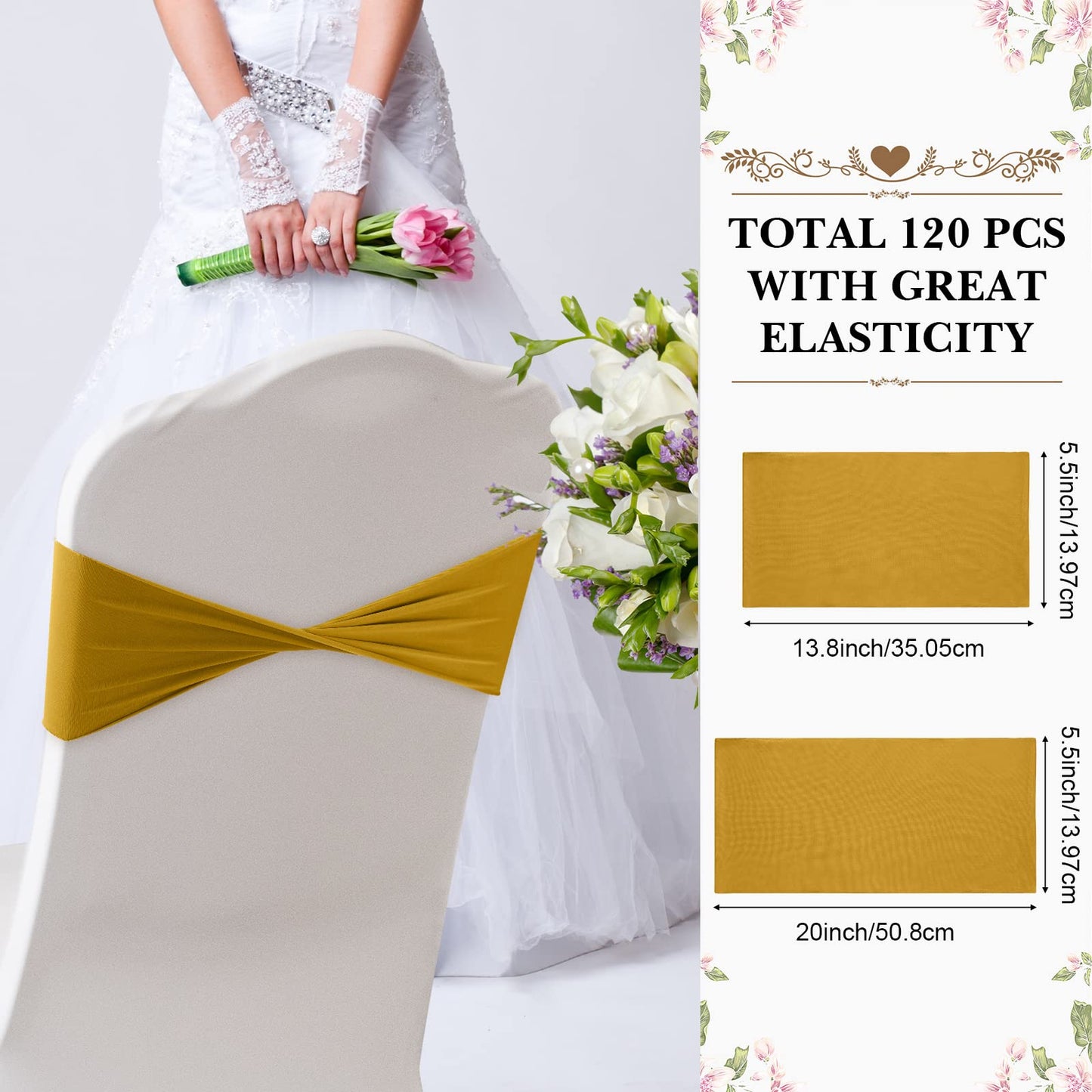 Frienda 120 Pieces Spandex Stretch Chair Sashes Bows, Elastic Chair Cover Bands Ties Without Buckle for Wedding Reception Events Universal Ceremony Banquet Decorations (Dark Gold)