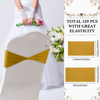 Frienda 120 Pieces Spandex Stretch Chair Sashes Bows, Elastic Chair Cover Bands Ties Without Buckle for Wedding Reception Events Universal Ceremony Banquet Decorations (Dark Gold)