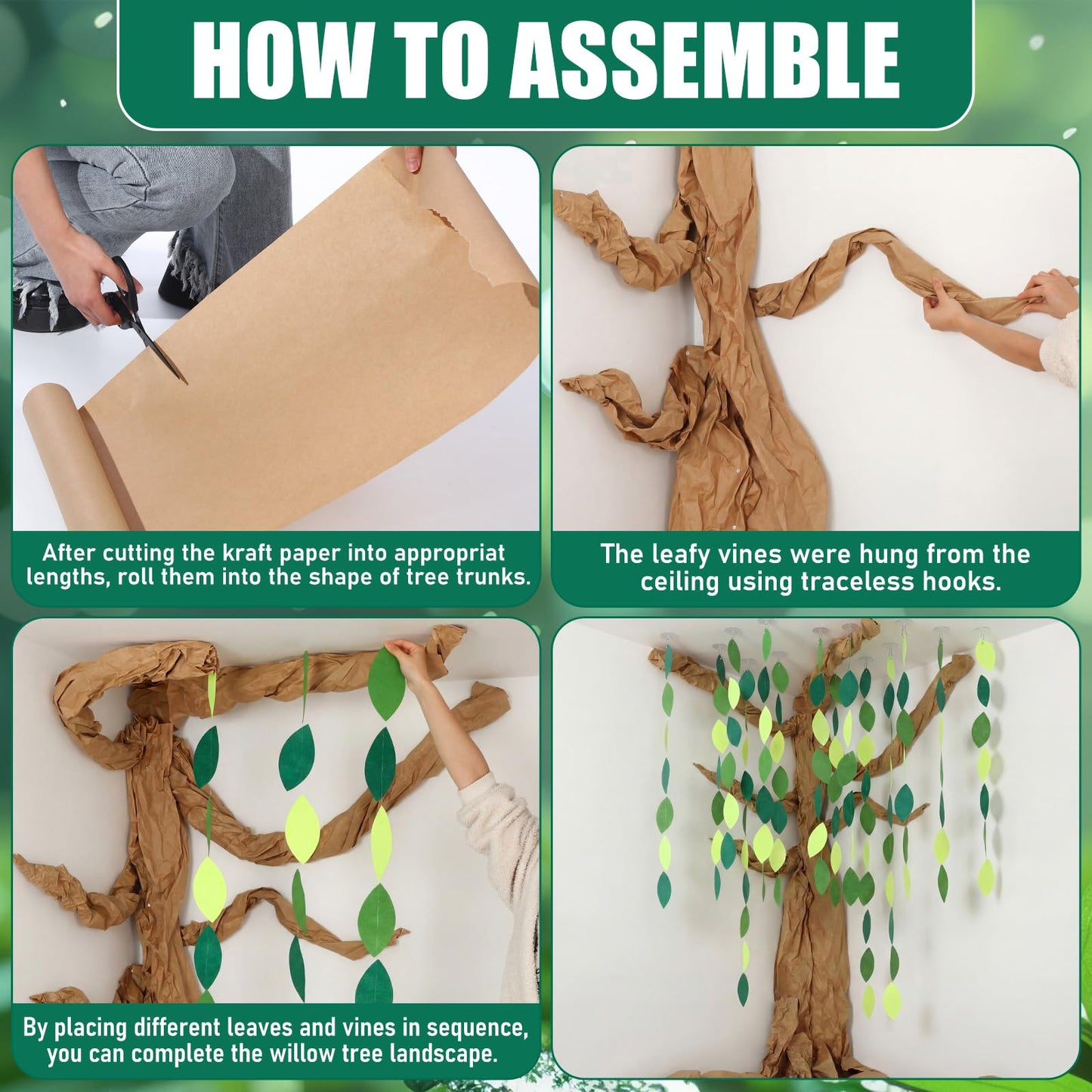 Suncalla Classroom Tree Bulletin Board Set DIY 3D Classroom Ceiling Wall Decor with Kraft Paper & Mounted Traceless Hooks for Jungle Safari Hawaiian Luau Party Supplies(Palm Leaves)