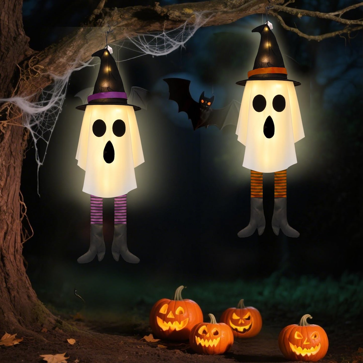 Halloween Ghost Decorations Outdoor Indoor, Hanging Ghost with Witch Hats & Strip Legs, Spooky Flying Ghost with LED String Lights, 3 Lighting Effects – Yard Porch Tree Floating Halloween Decor 2 PCS
