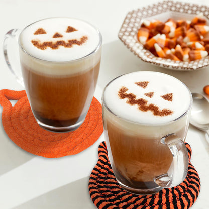 Whaline Halloween Cat Ear Shape Cotton Coasters Black Orange Cat Ear Handmade Braided Drink Coasters Absorbent Cup Mats for Trick or Treat Party Home Table Decor, Set of 4