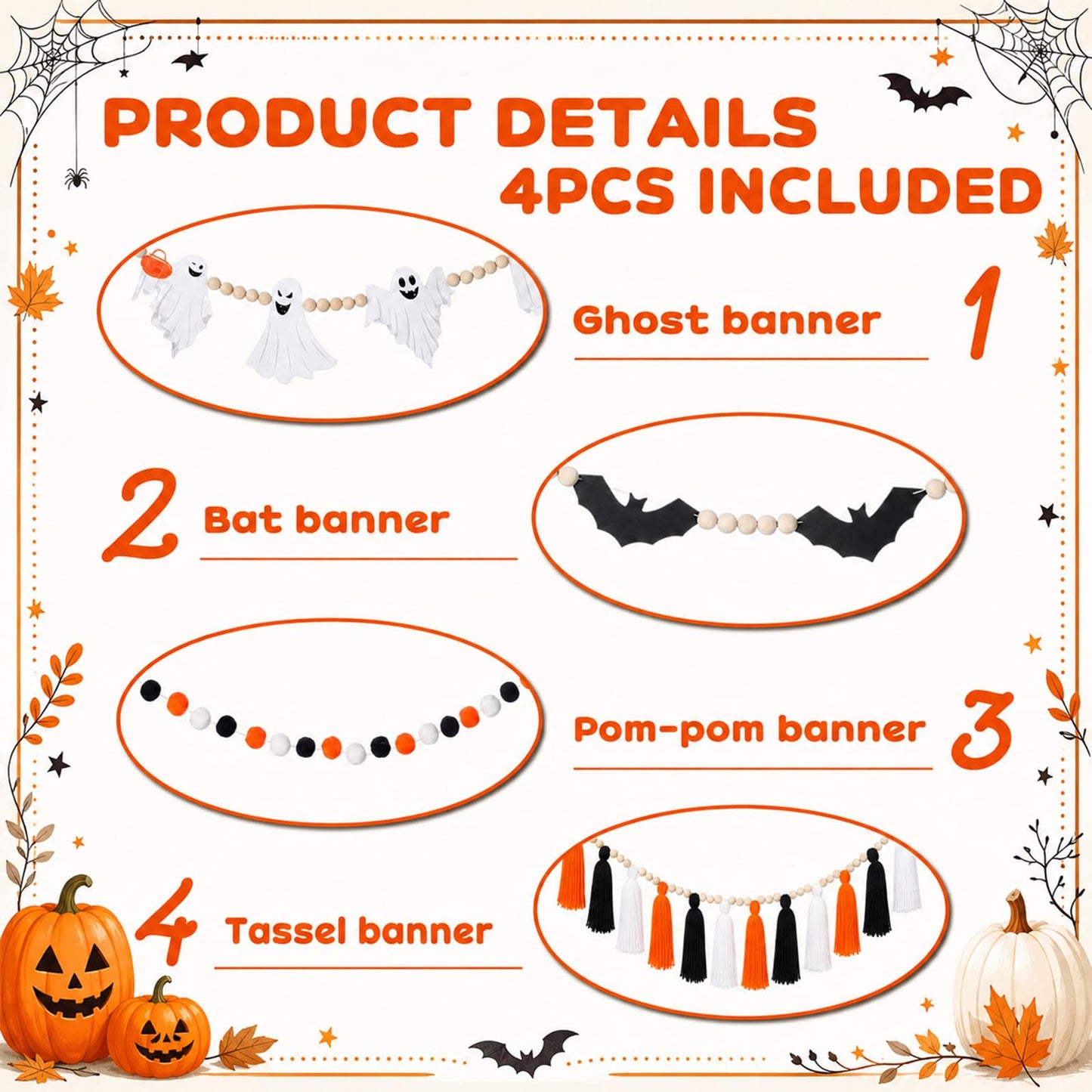 RattanView 4 Pcs Halloween Banner Set 6.6ft Wooden Bead Ghost Bat Tassel Garland Black Orange White Decor Spooky Hanging Banners Trick or Treat Garland for Halloween Home Fireplace Mantel Decoration