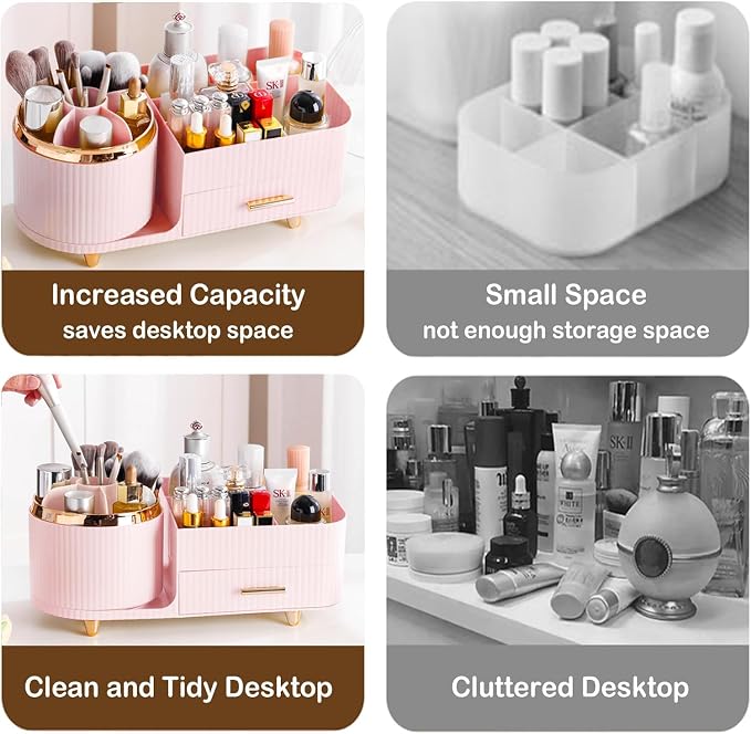 Rotating Makeup Organizer for Vanity with Brush Holder and Drawer, Cosmetic Makeup Storage, Large Spinning Makeup Skincare Organizer, Countertop Makeup Perfume Organizer, Lotions Display Case (Pink)
