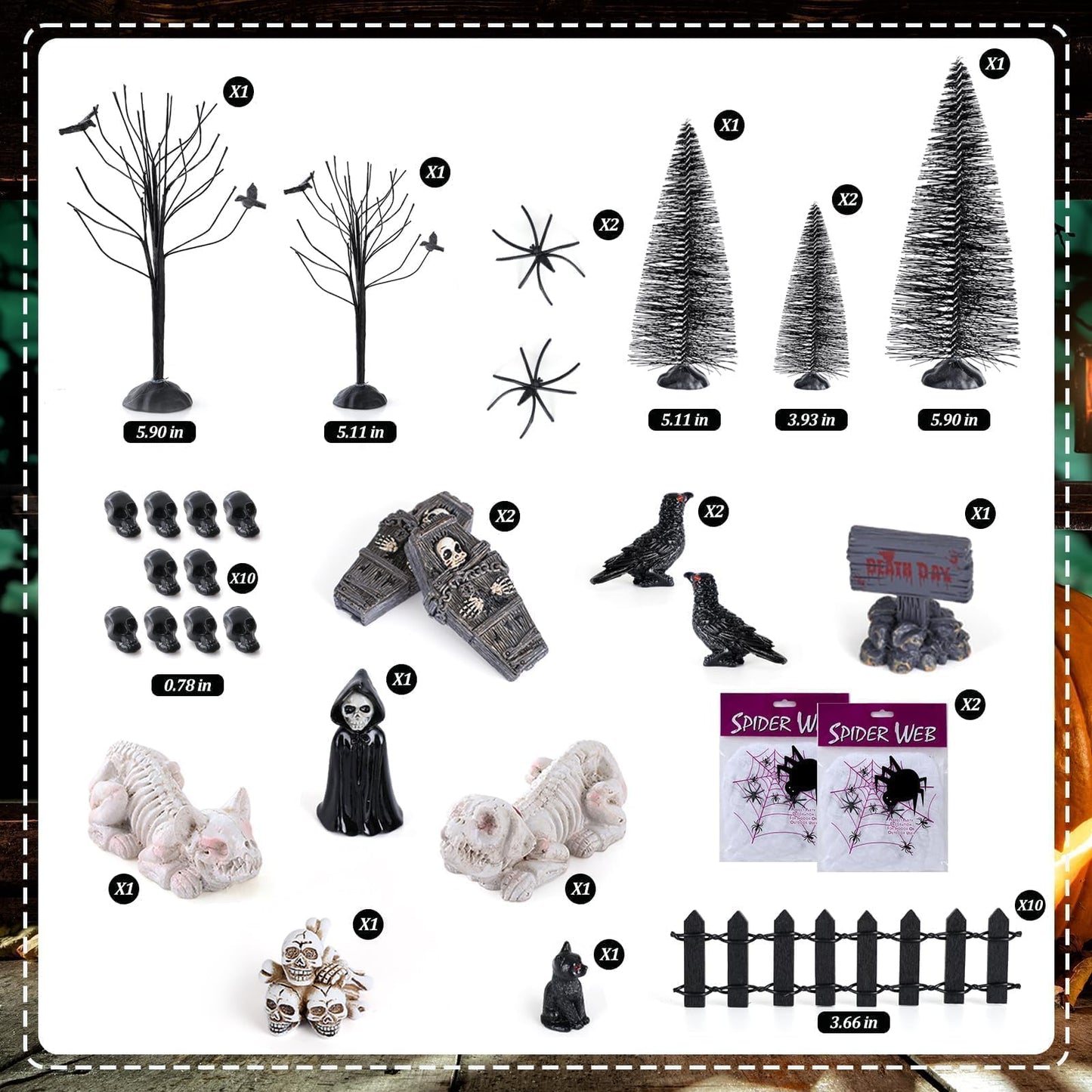 YLOLUL 48 Pcs Fluorescent Halloween Village Accessories Miniature All Saints' Day Figurines Glow in The Dark Mini Tombstones Skeleton Tiny Trees for Halloween Town Decorations Party Table Decor