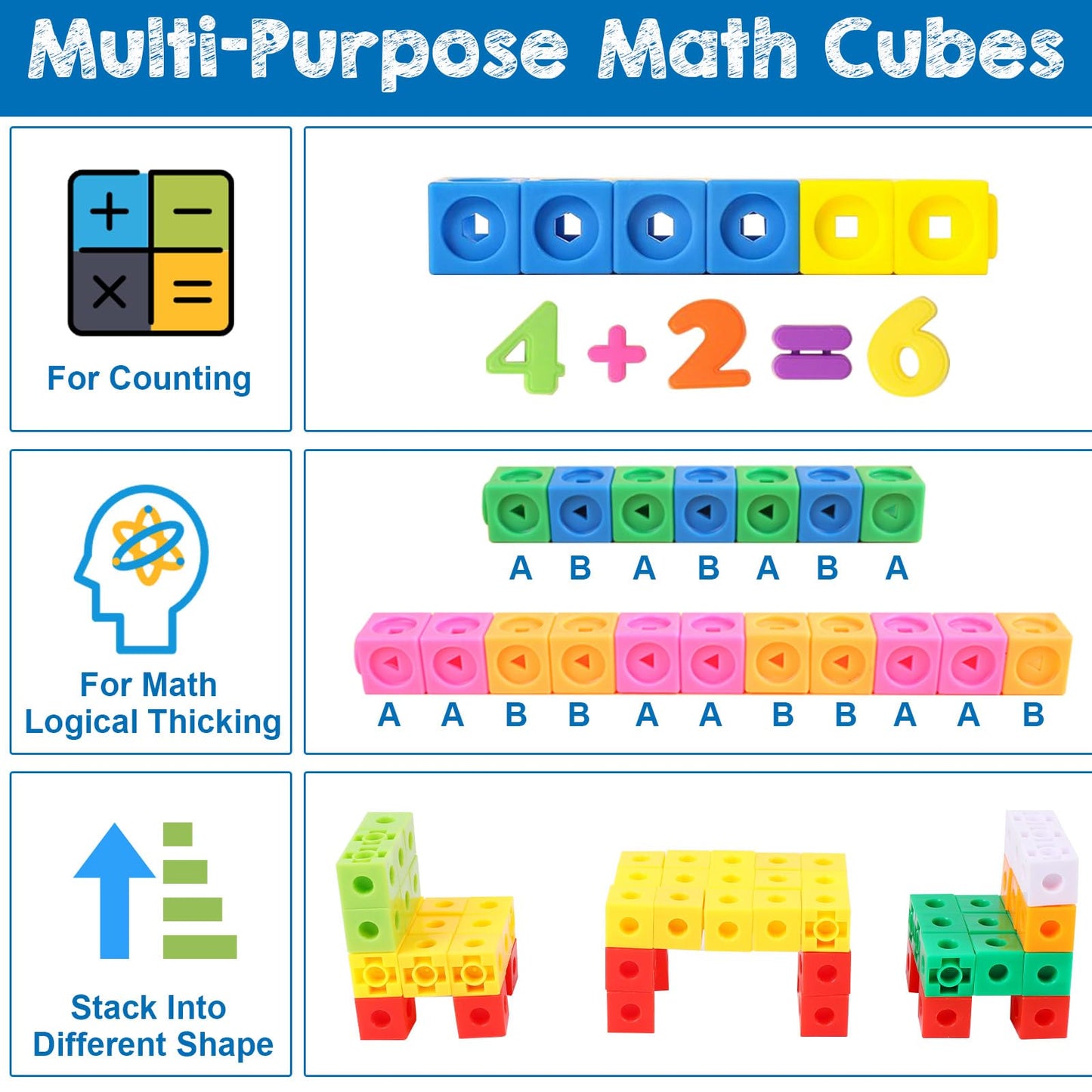 Poen 800 Pcs Linking Cubes for Math Counting Blocks Colorful Manipulatives Cubes Toy Connecting Blocks Education Learning Math Construction Toy for Kids Ages 4-8 Stem Activity