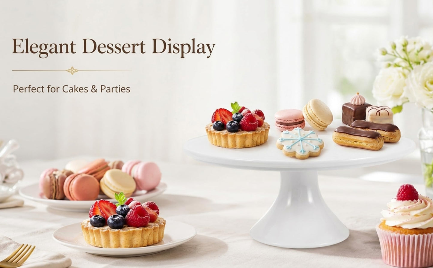 Ceramic Cake Stand, Fits Cakes Up to 8 in, Round White Dessert Pedestal for Cupcakes Cookies Pastries Fruit Display, 1 Pack