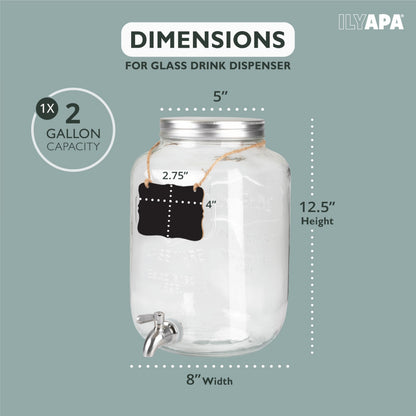 Ilyapa 2 Gallon Drink Dispenser - Wide Mouth Glass Drink Dispenser - 100% Leak Proof Stainless Steel Spigot with Glass Flip Top Lid, for Any Event