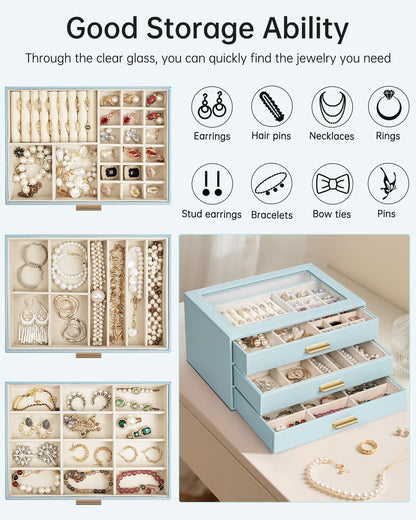 AKOZLIN Jewelry Box with Clear Lid Functional Leather Jewelry Storage Organizer Case 3 Drawers for Women Girls Necklace Ring Bracelet Earring