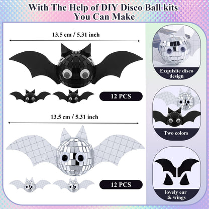24 Pcs Halloween Disco Bats Halloween Disco Decor DIY Disco Ball for Halloween Party Decor Glitter Disco Ball with Sparkle wing Wiggle Googly Eyes Round Dot Sticker for Halloween DIY Bats