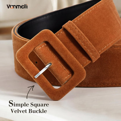 VONMELLI Women Wide Velvet Belt for Dresses Brown Thick Chunky Waist Belt with Vintage Square Buckle, S