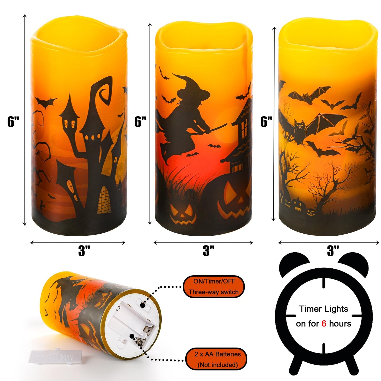 Hbaushun Halloween Flameless Candles 3 Pack with 6 Hour Timer,Battery Operated Real Wax LED Pillar Flickering Candles Warm Light with Castle, Witch, Bats Decal Halloween Decorations Candles