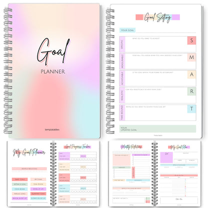Goal Planner | SMART Goal Setting Kit for the New You, Monthly Habits, Reflections & Vision Boards | Pastel Rainbow A5