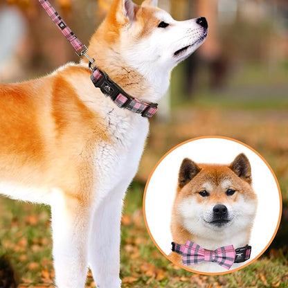 IVY&LANE Dog Collar with Bowtie and Leash Set | Plaid Adjustable Dog Collar | Detachable Bow Tie |5 FT Dog Leash | for Small Medium Large Dogs | Checkered Pink | Large