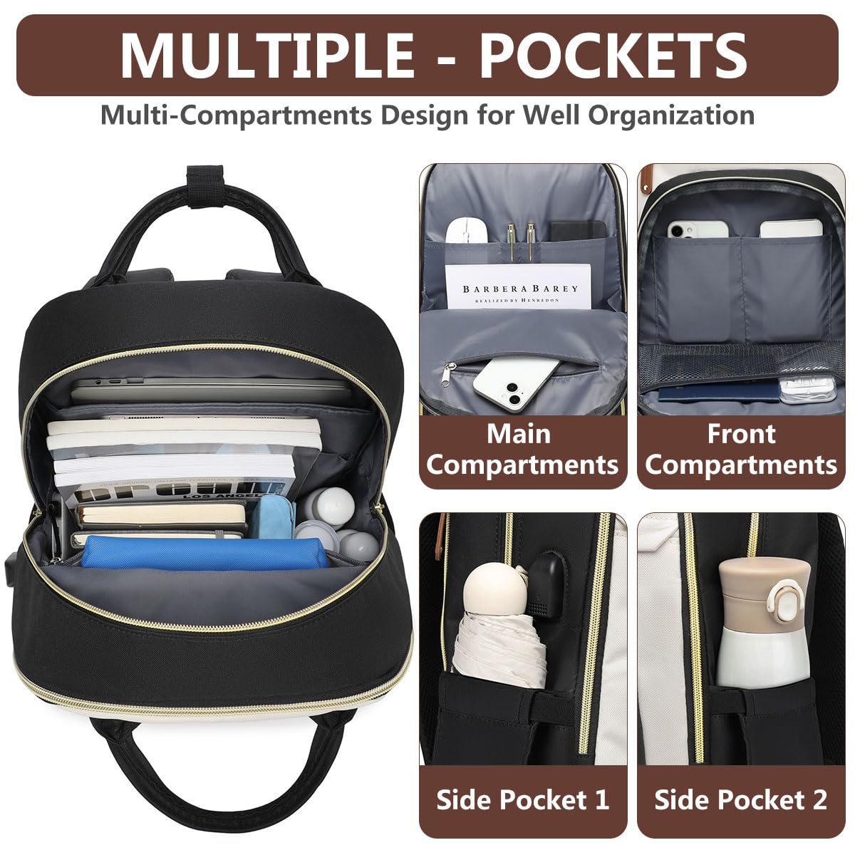 Laptop Backpack for Women Bag - 15.6 inch Work Travel Backpack with USB Charger College Bookbag Waterproof Business Computer Backpack Anti-theft Casual Backpacks for Nurse Teacher Beige Black Brown