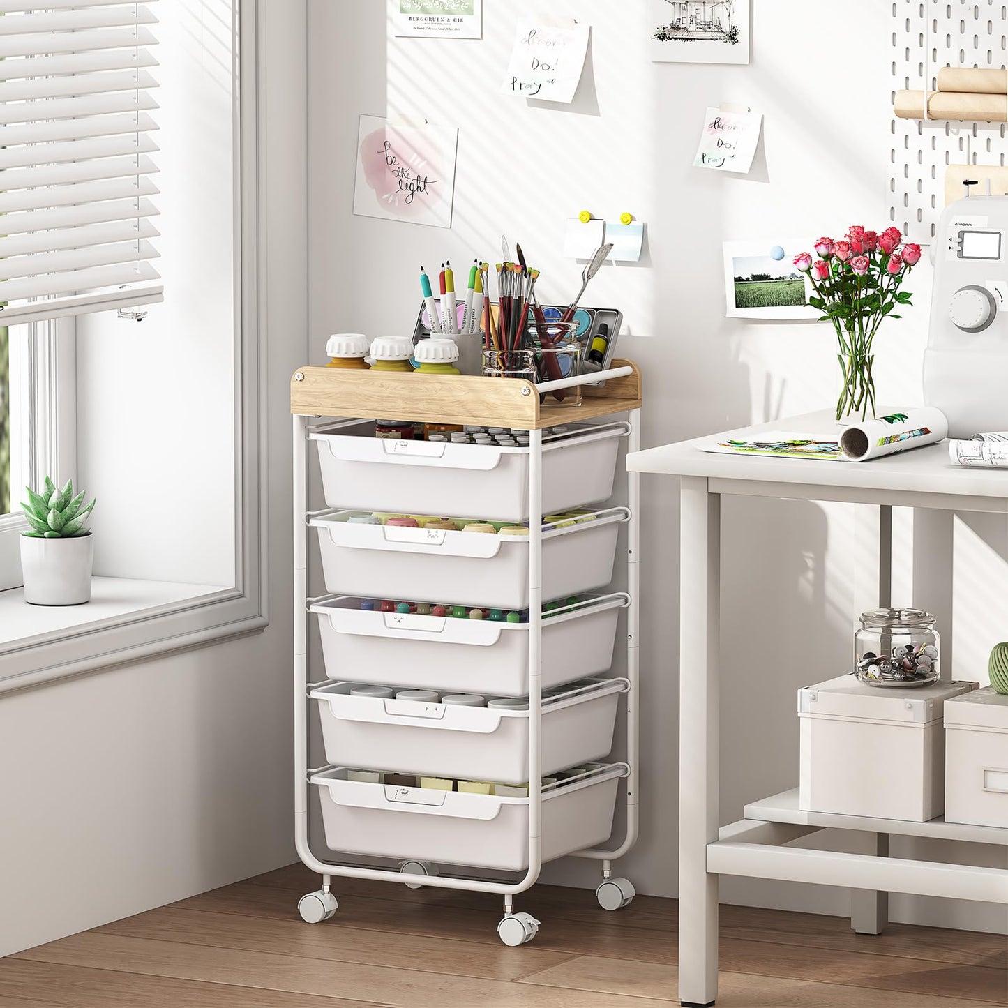 APEXCHASER Utility Cart with 5 Drawers,Rolling Storage Cart for Crafters Artists Kids Teacher Student Storage Arts Crafts & Sewing Study Supplies in Craft Room Dorm Classroom Kids Room-White