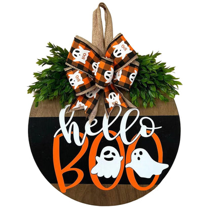 Halloween Ghost Wreath, Wooden Halloween Ghost Door Sign Wreath Decorations for Front Door Hanger