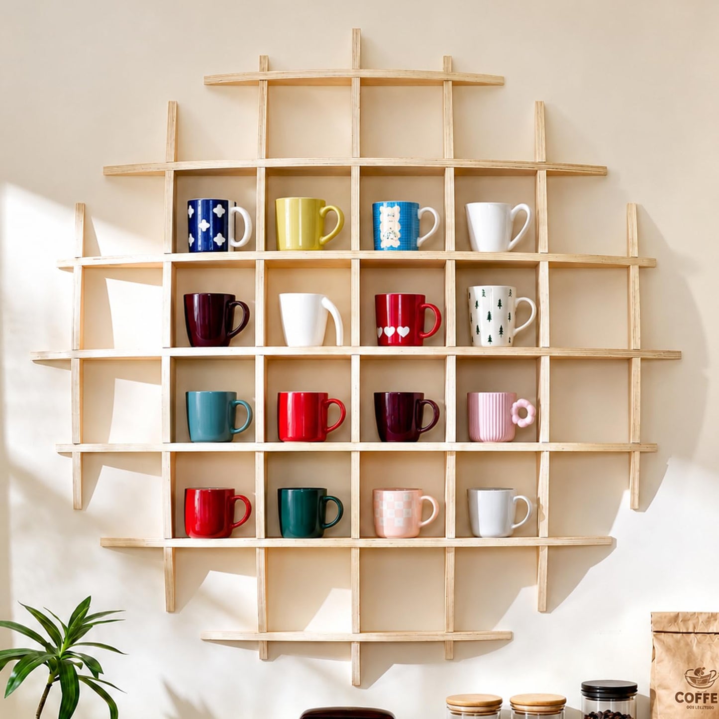 Sicrifety 46" x46"Oversize Wooden Coffee Mug Display Shelf,Rustic Wooden Floating Curio Shelf-Mug Holder for Wall,Wall Mounted Tea Cup Display Stand for Living Room Kitchen Office