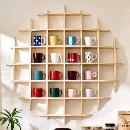 Sicrifety 46" x46"Oversize Wooden Coffee Mug Display Shelf,Rustic Wooden Floating Curio Shelf-Mug Holder for Wall,Wall Mounted Tea Cup Display Stand for Living Room Kitchen Office