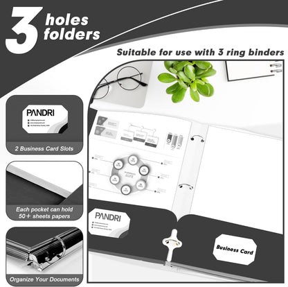 Two Pocket Portfolio Folders, PANDRI 60 Pack 3 Hole Punched 2 Pocket Folders for 3 Ring Binder, Letter Size Paper File Folder for School Office Home Business, Black