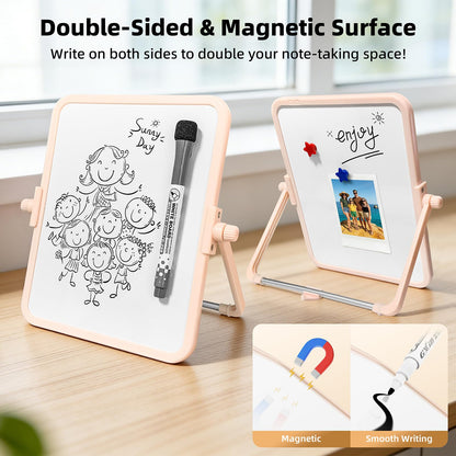 FUNISKETCH Colorful Dry Erase White Board 6.7x8.4in, Magnetic Desktop Board with Stand, 2 Markers (Eraser Head), 4 Magnets - Double-Sided Easel for Daily Planning, Memo, Office/Home/School (Pink)