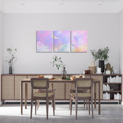 Feelyou Purple Pink Galaxy 3 Piece Canvas Wall Art for Living Room Bedroom Moon Star Wall Art for Home Decor Solar System Office Wall Decor Cloud Galaxy Wall Painting