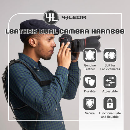 4J LEDR Leather Camera Strap,Shoulder Camera Strap for 1 or 2 Camera,Dual Camera Harness for Photographers,Multi Camera Gear for Dslr/Slr Strap,Camera Harness Camera Sling Strap Single or Dual,Black