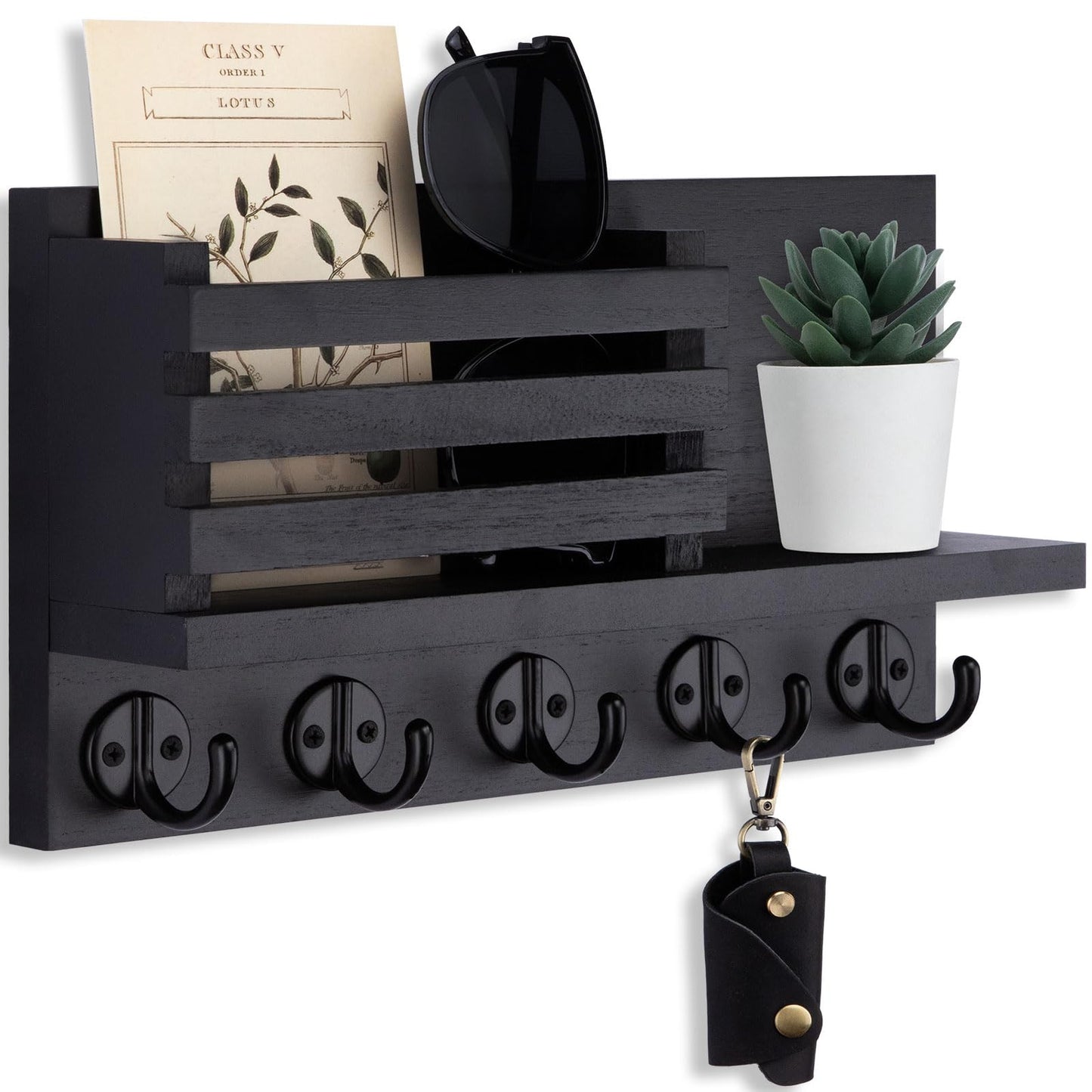 Lwenki Key Holder for Wall – Decorative Wooden Mail Holder and Key Shelf with Mounting Hardware, Installation Guide – Paulownia Wood with Metal Key Hooks (Black, Large - 11.8inch)