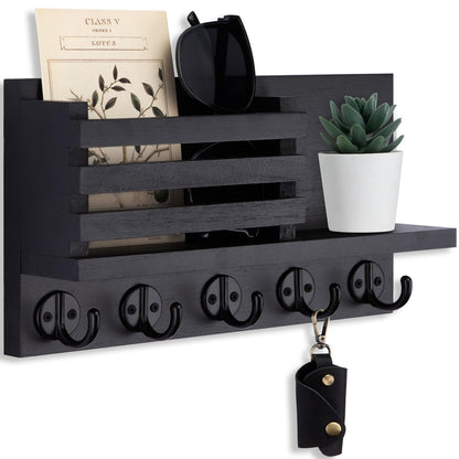 Lwenki Key Holder for Wall – Decorative Wooden Mail Holder and Key Shelf with Mounting Hardware, Installation Guide – Paulownia Wood with Metal Key Hooks (Black, Large - 11.8inch)