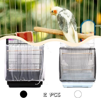 Daoeny 2Pcs Bird Cage Cover, Adjustable Soft Airy Nylon Mesh Parrot Net, Universal Feather Seed Catcher, Birdcage Cover Skirt Sheer Guard for Round Square Bird Cages (White +Black)