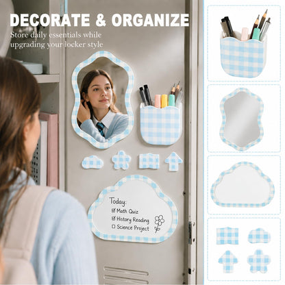 Svartur Magnetic Locker Accessories Set - Locker Mirror, Dry Erase Whiteboard, Magnetic Pen Holder & Cute Magnets, Aesthetic School Locker Decor for Girls, Locker Organizer Kit, Blue