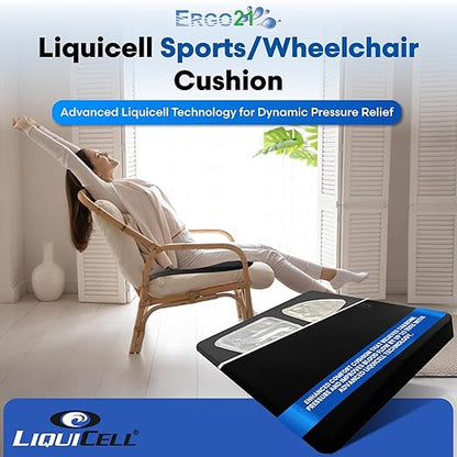 ERGO21 LiquiCell Sports Cushion - 3.5 Inch Thick Seat Pad for Tailbone, Hip & Lower Back Pain Relief - Ergonomic Comfort for Car, Office, Stadium & Wheelchairs- Better Than Gel, Foam or Air