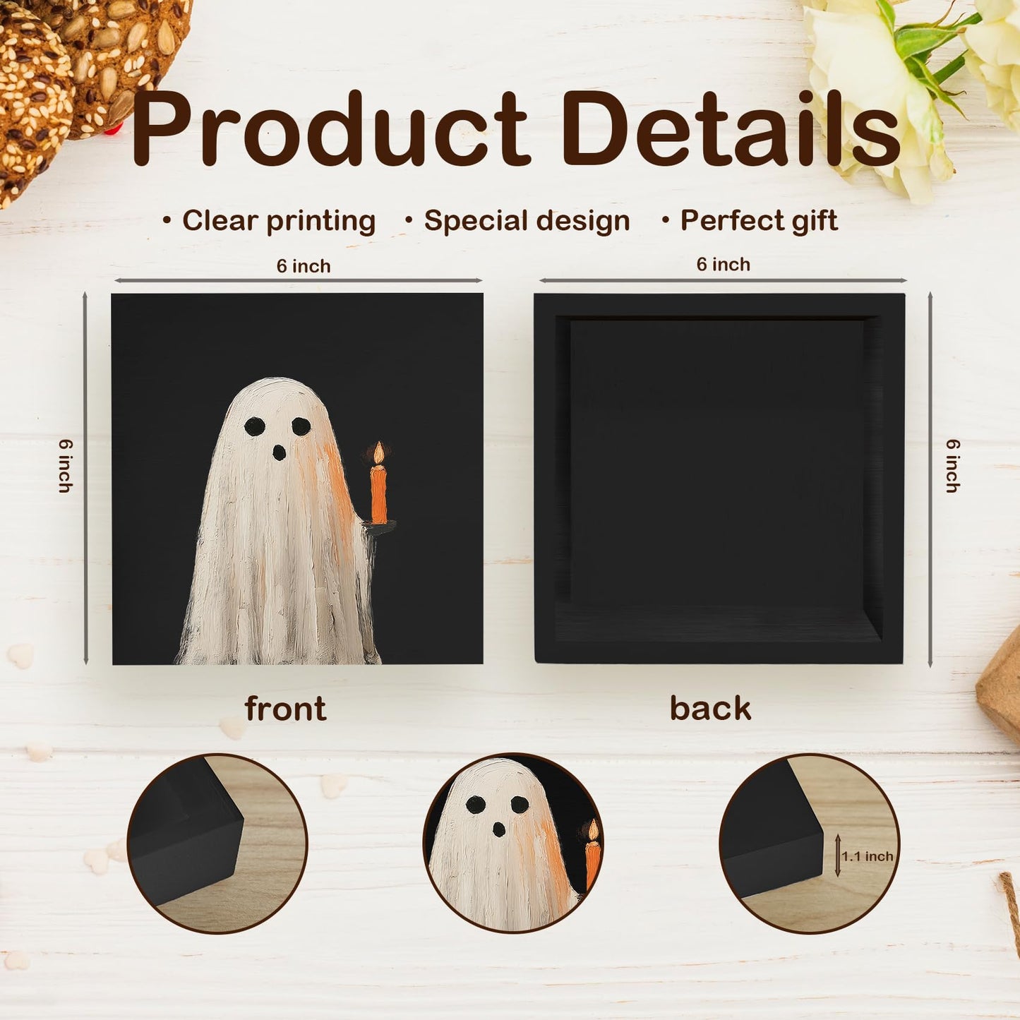 KFXHANGD Halloween Ghosts Wooden Box Sign Desk Decor, Fall Thanksgiving Decoration, Black Fall Ghosts Decoration for Home Office, Black Halloween Ghost Shelf Desk Decor 5x5 Inch