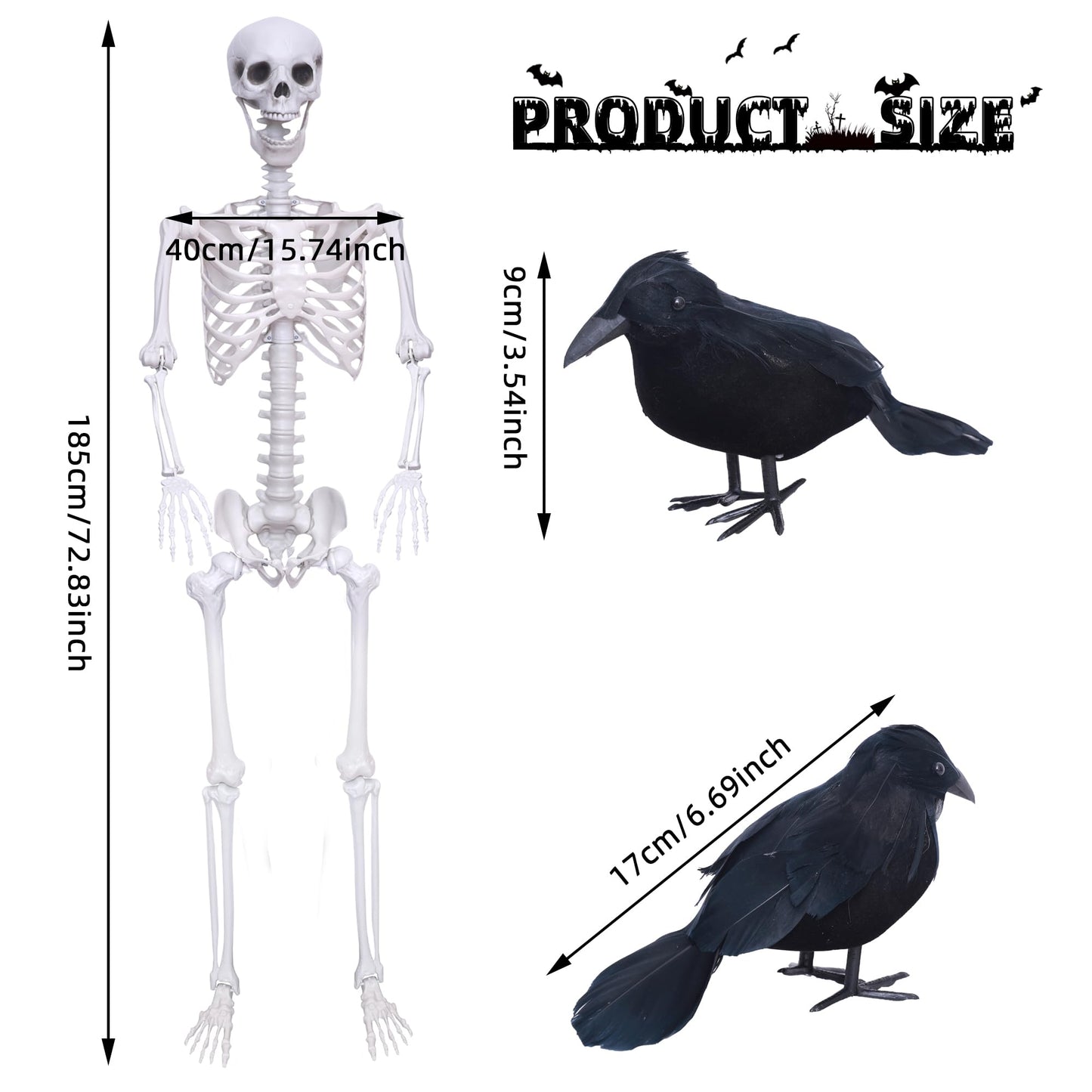 Wocst 6Ft Life Size Skeleton Posable Skeleton with Movable Joints Halloween Full Body Plastic Human Bones with 2PCS Black Crows for Halloween Indoor Outdoor Decor