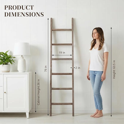 Wooden Blanket Ladder - Natural & Motley Wood - Leaning Wall Decor for Bedroom, Bathroom, Living Room - Rustic Quilt Holder & Towel Rack (Burnt Brown, 76in（6-Tier）)