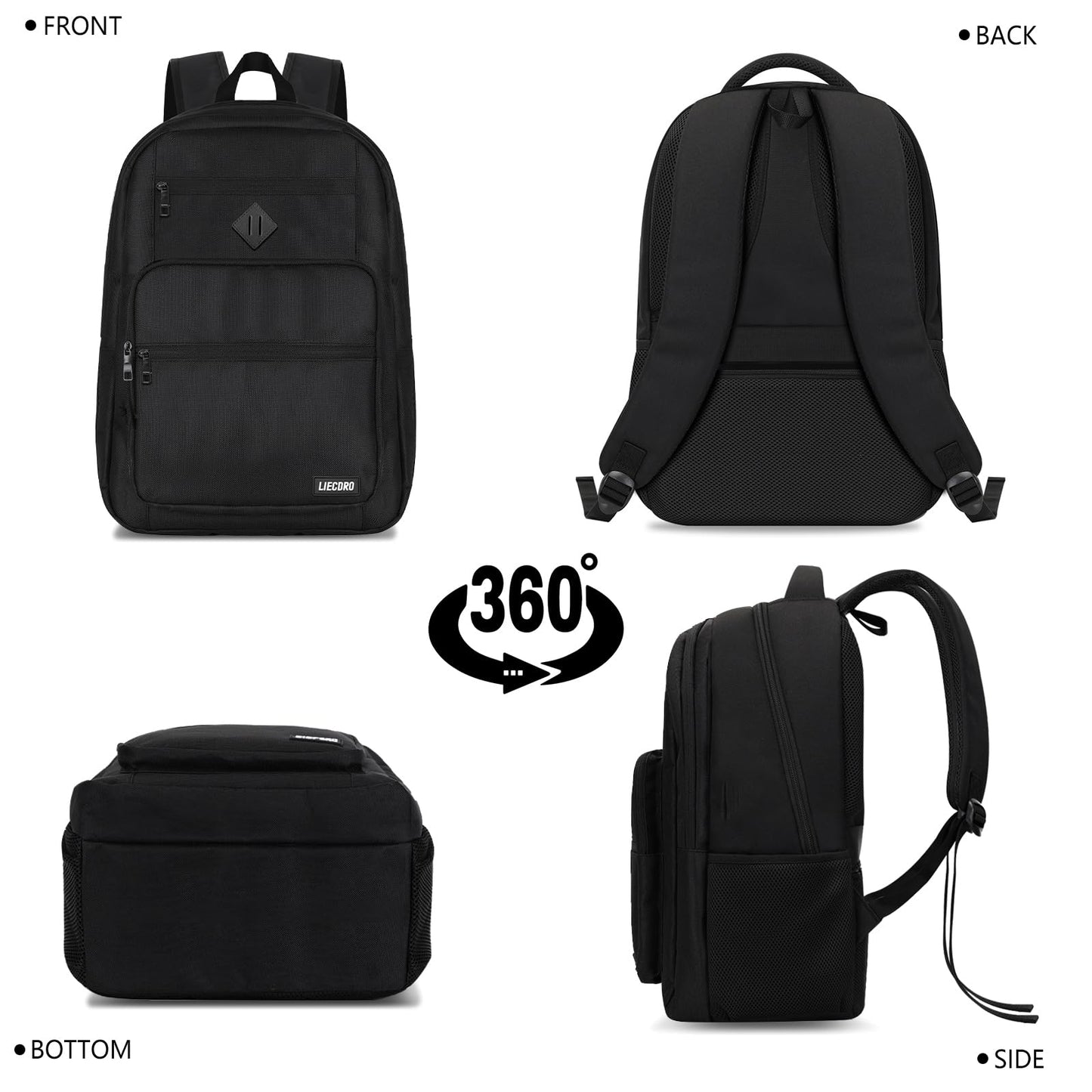 LIECDRO Black Backpack for Men, School Backpack for Boys Teens,15.6 inch Laptop Back Pack with Reinforced Straps, Backpacks for School Business Work College Travel, College Book Bag, Bookbag