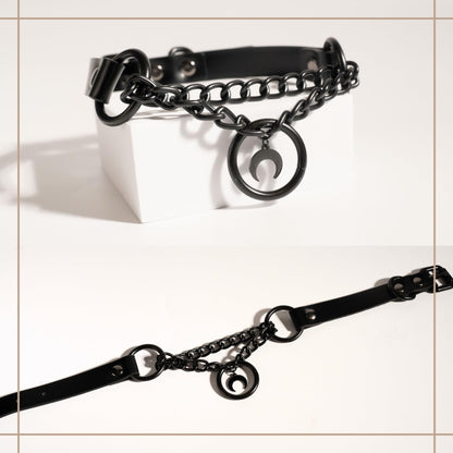 ADEMISHIA Black Gothic Chain Choker with O-ring and Moon Pendant, Punk Grunge Emo Leather Necklace For Women