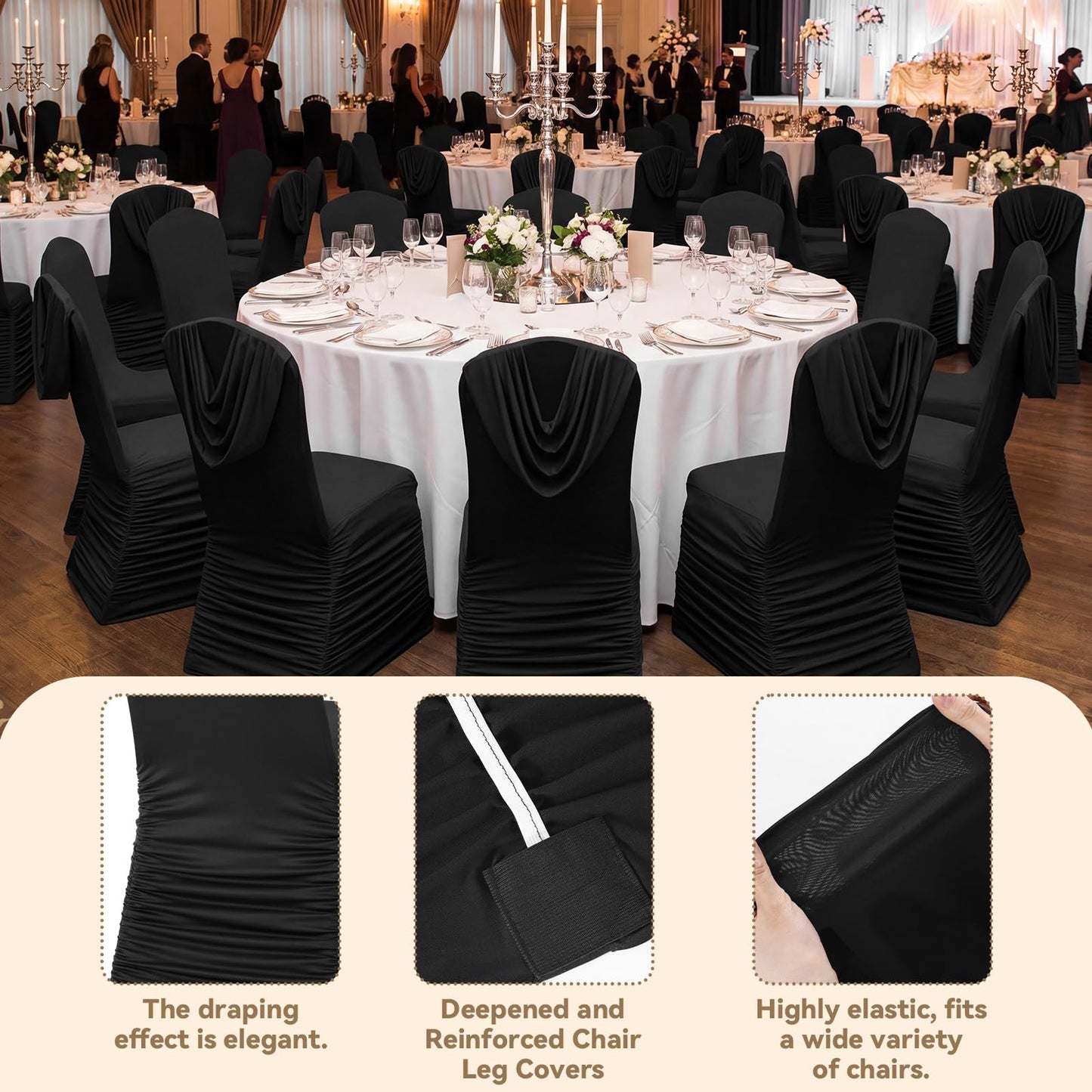 Fanfanwin 4 Pcs Black Chair Covers Ruched Swag Back Stretch Spandex Fitted Banquet Chair Covers with Foot Pockets for Wedding & Event Decor