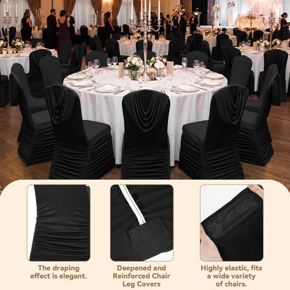 Fanfanwin 4 Pcs Black Chair Covers Ruched Swag Back Stretch Spandex Fitted Banquet Chair Covers with Foot Pockets for Wedding & Event Decor